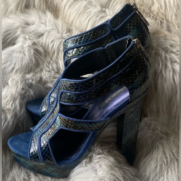 Rachel Zoe teal platform python snakeskin block heel zipper sky high heel 2000s - Picture 9 of 13